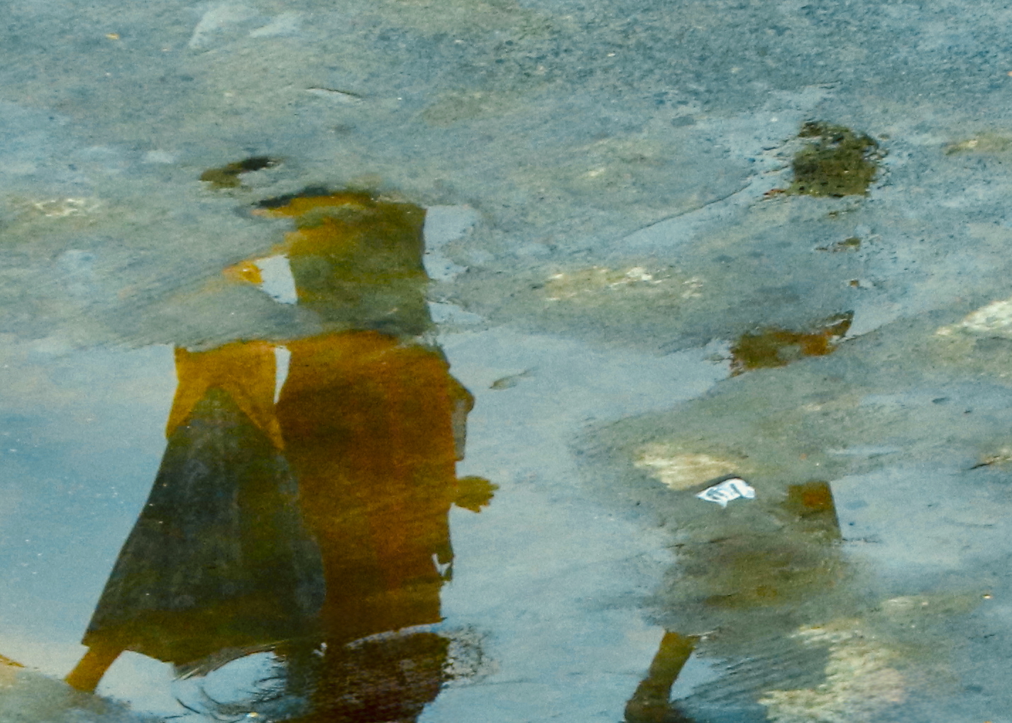 Reflections in water showing people in golden orange clothing with rippling surface - water reflection photography