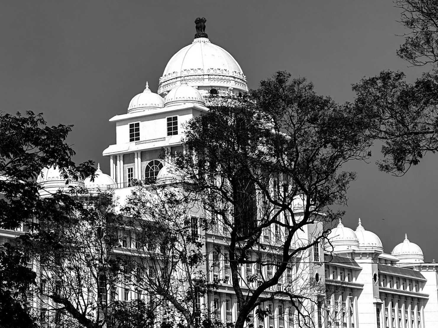 Detailed black and white architectural view of classical Indian building with multiple domes and stonework - heritage architecture photography